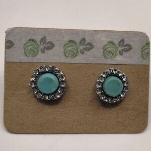 Turquoise Rhinestone Pierced Earrings  Round Stud Faux Stone